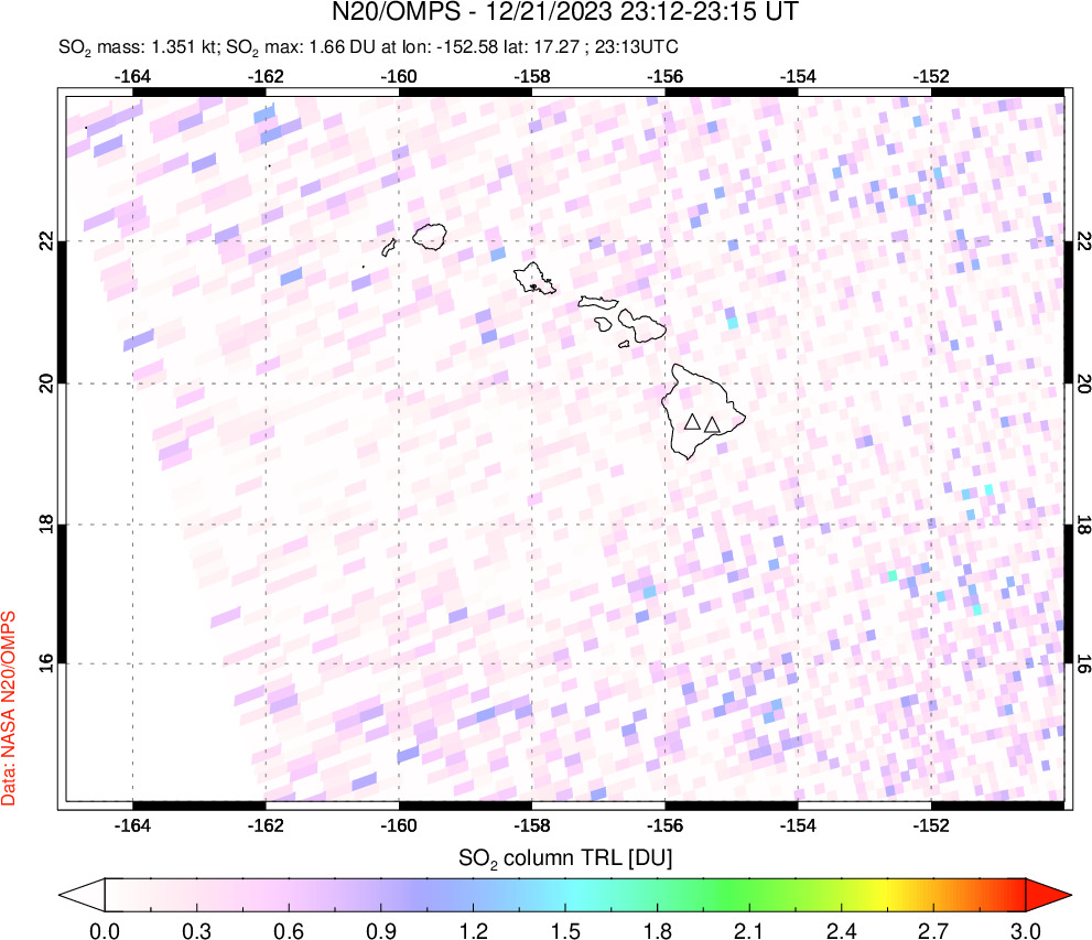 A sulfur dioxide image over Hawaii, USA on Dec 21, 2023.