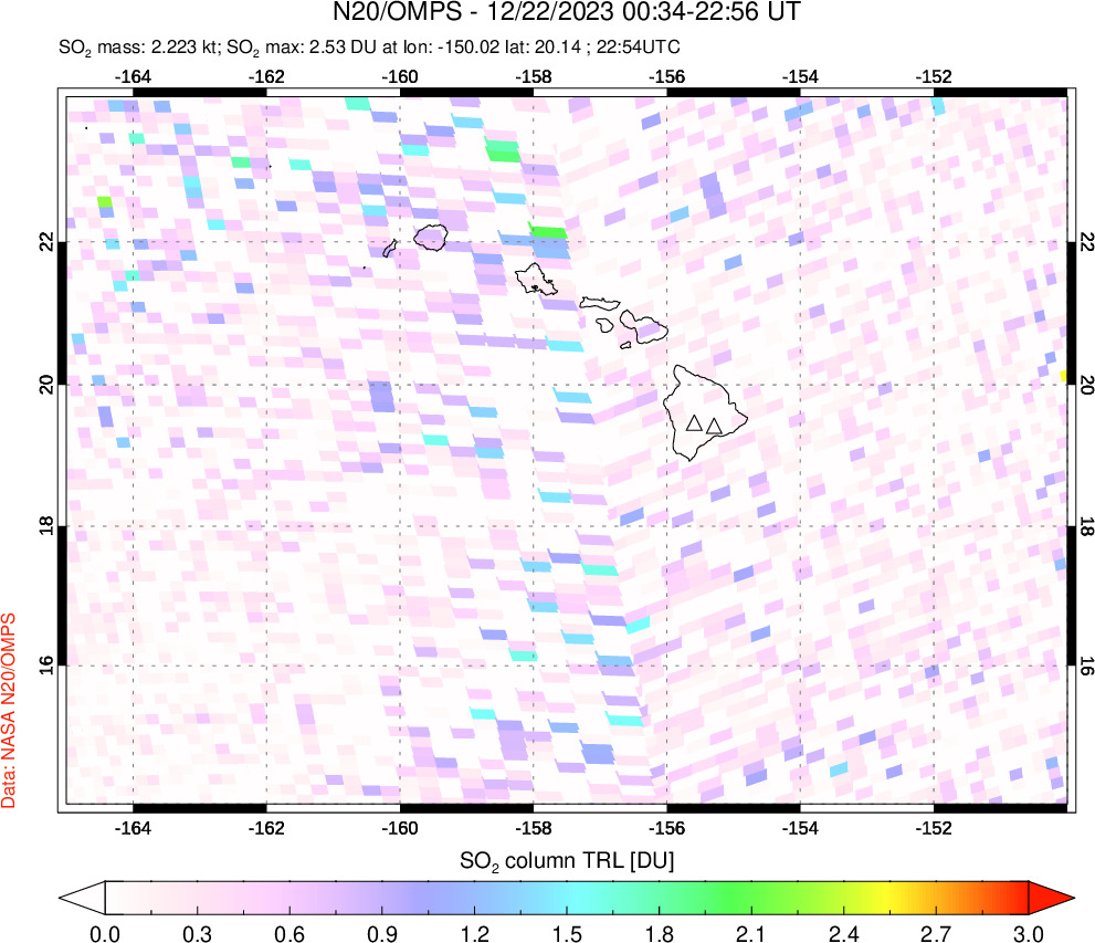 A sulfur dioxide image over Hawaii, USA on Dec 22, 2023.