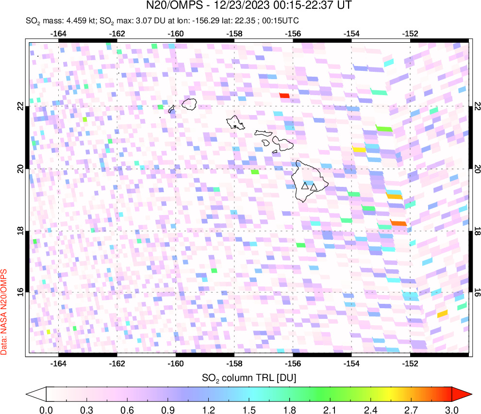 A sulfur dioxide image over Hawaii, USA on Dec 23, 2023.