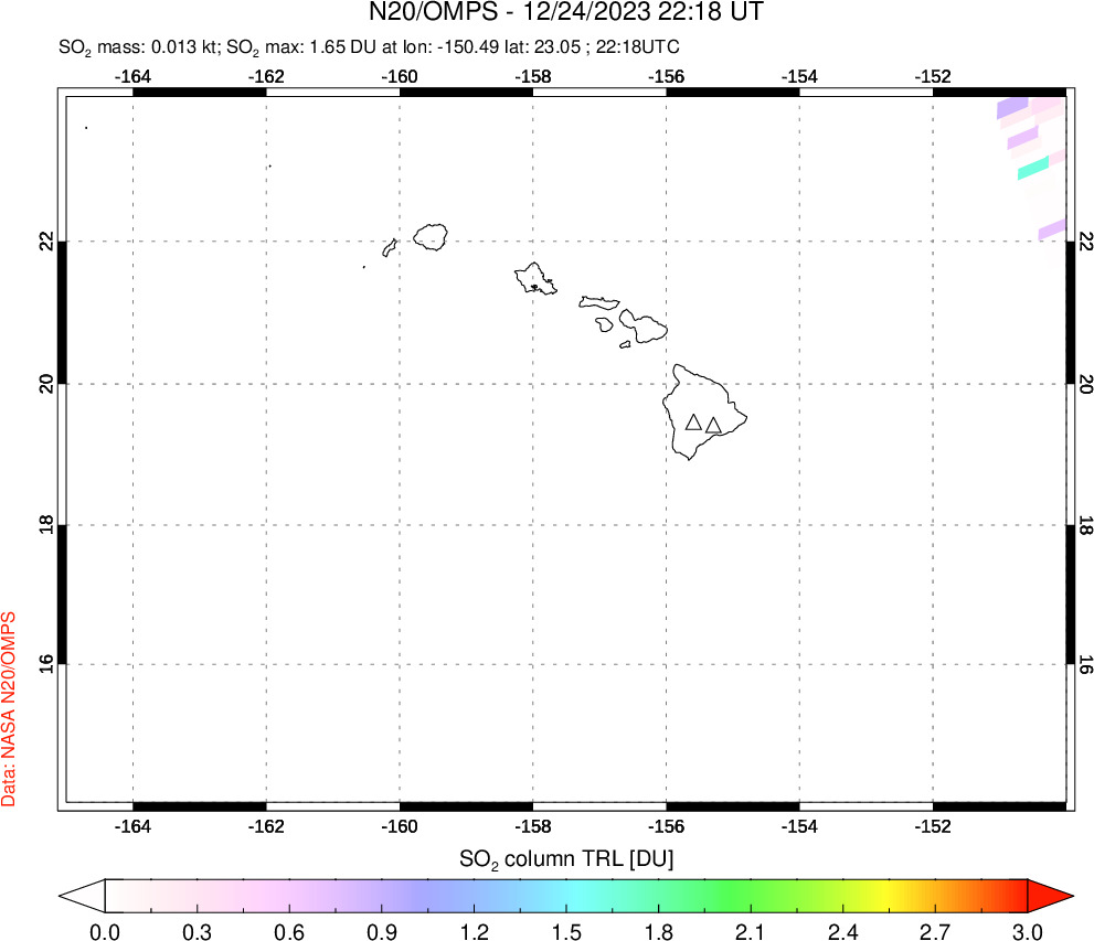 A sulfur dioxide image over Hawaii, USA on Dec 24, 2023.