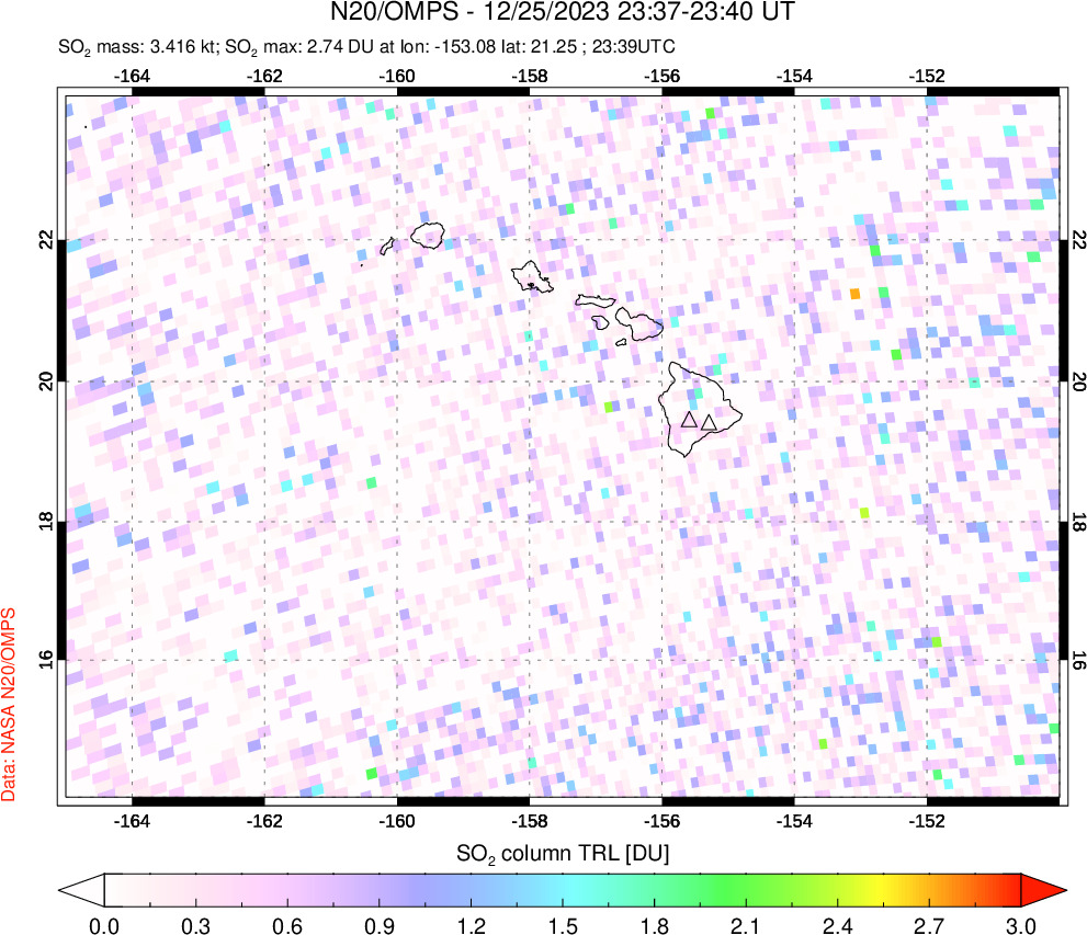 A sulfur dioxide image over Hawaii, USA on Dec 25, 2023.