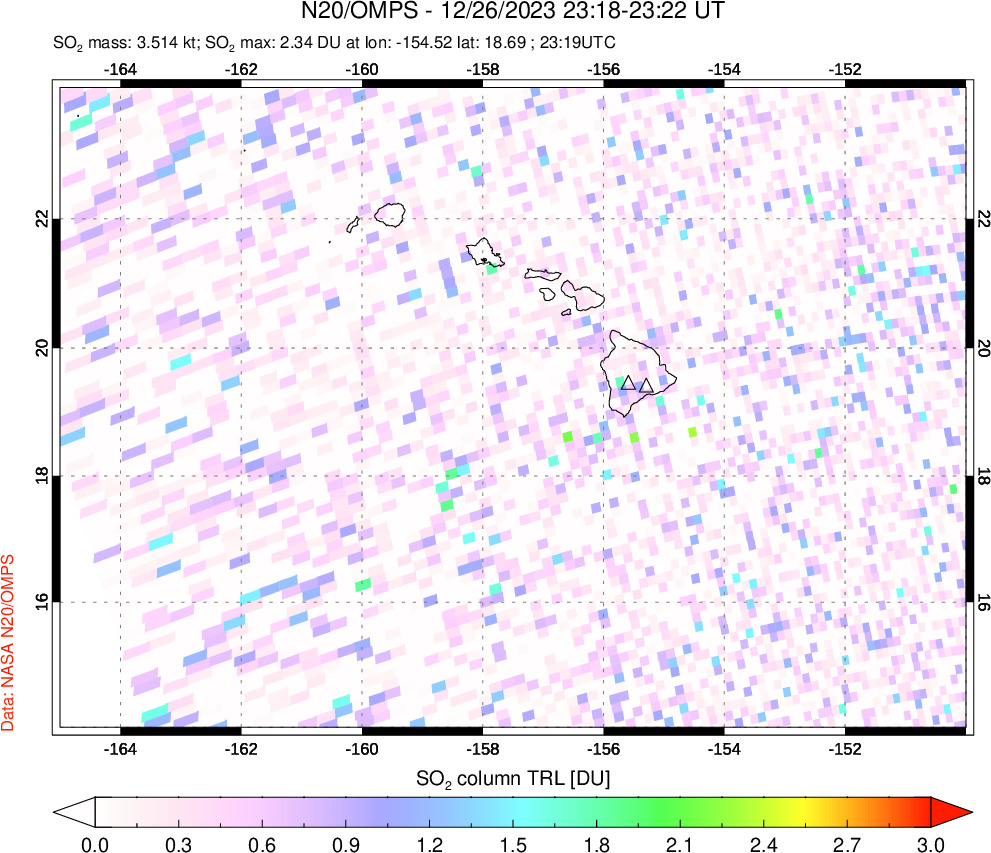 A sulfur dioxide image over Hawaii, USA on Dec 26, 2023.