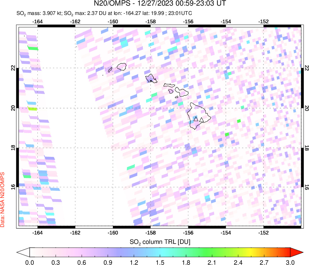 A sulfur dioxide image over Hawaii, USA on Dec 27, 2023.