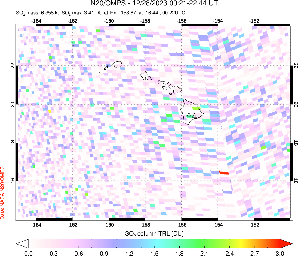 A sulfur dioxide image over Hawaii, USA on Dec 28, 2023.