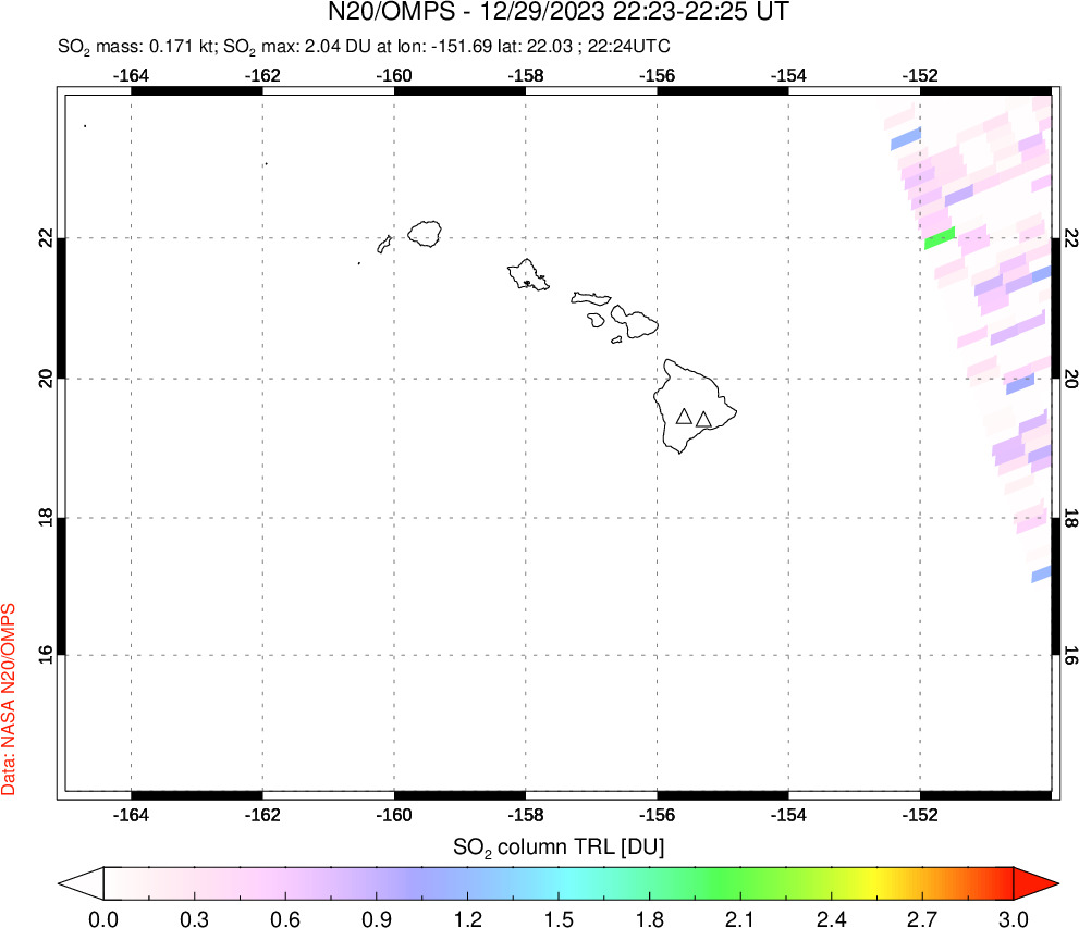 A sulfur dioxide image over Hawaii, USA on Dec 29, 2023.