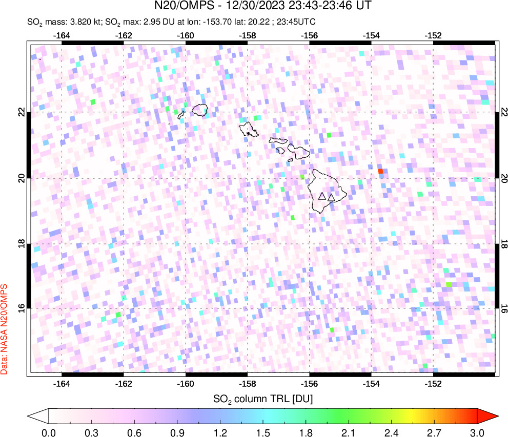 A sulfur dioxide image over Hawaii, USA on Dec 30, 2023.