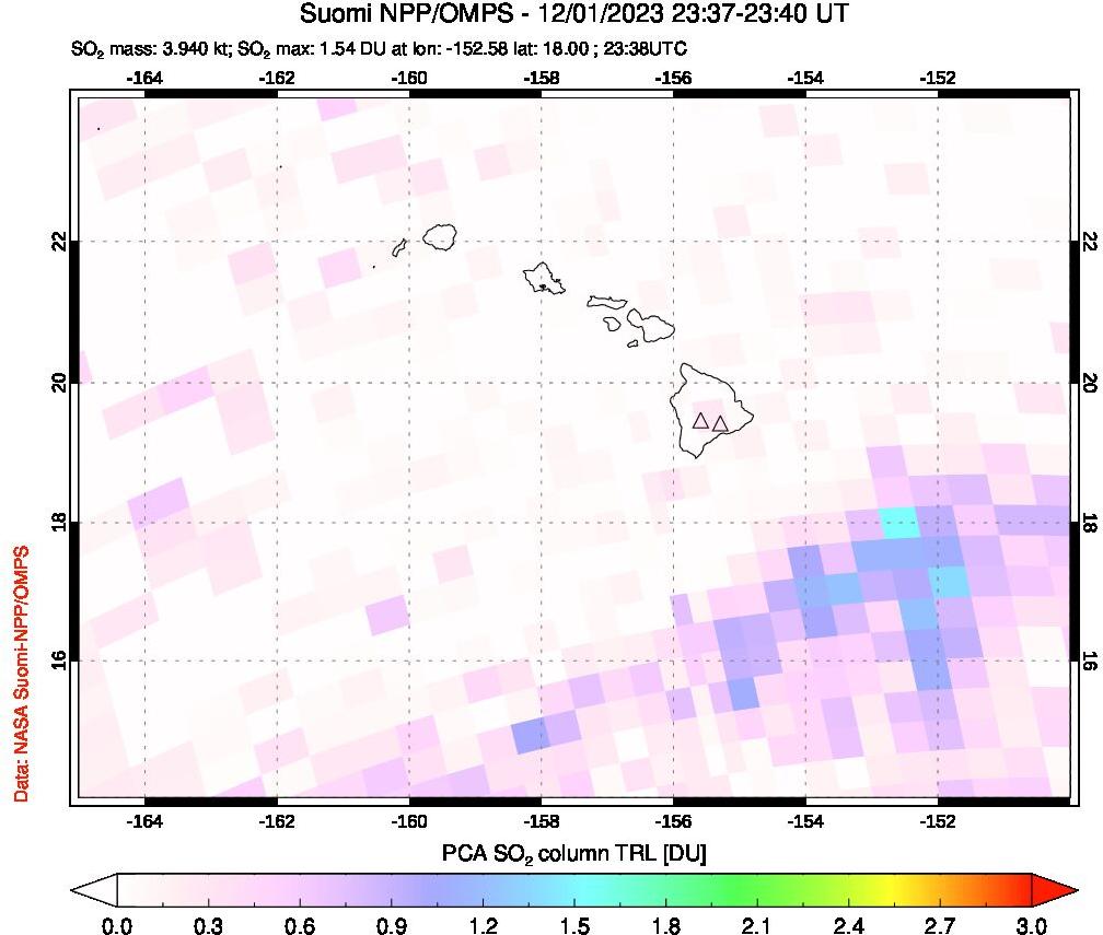 A sulfur dioxide image over Hawaii, USA on Dec 01, 2023.