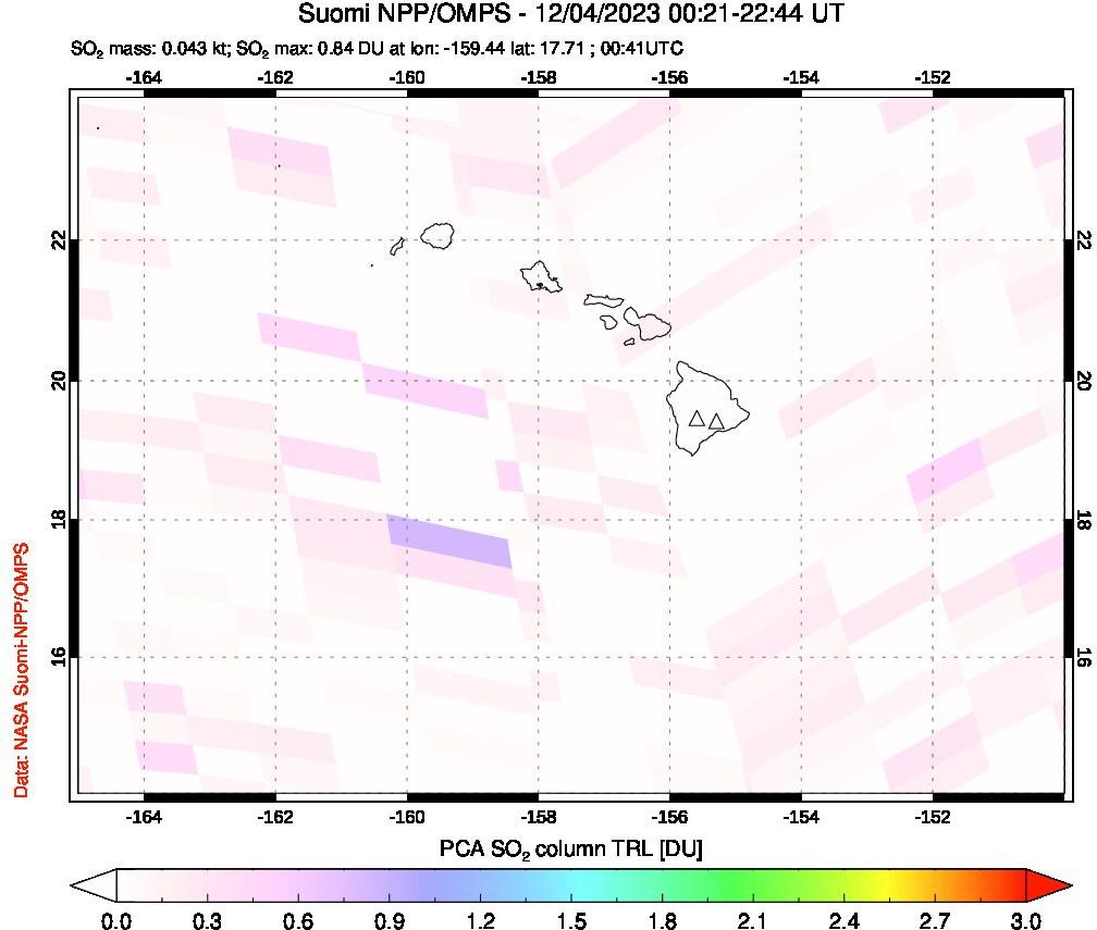 A sulfur dioxide image over Hawaii, USA on Dec 04, 2023.