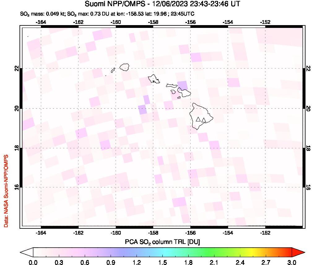 A sulfur dioxide image over Hawaii, USA on Dec 06, 2023.