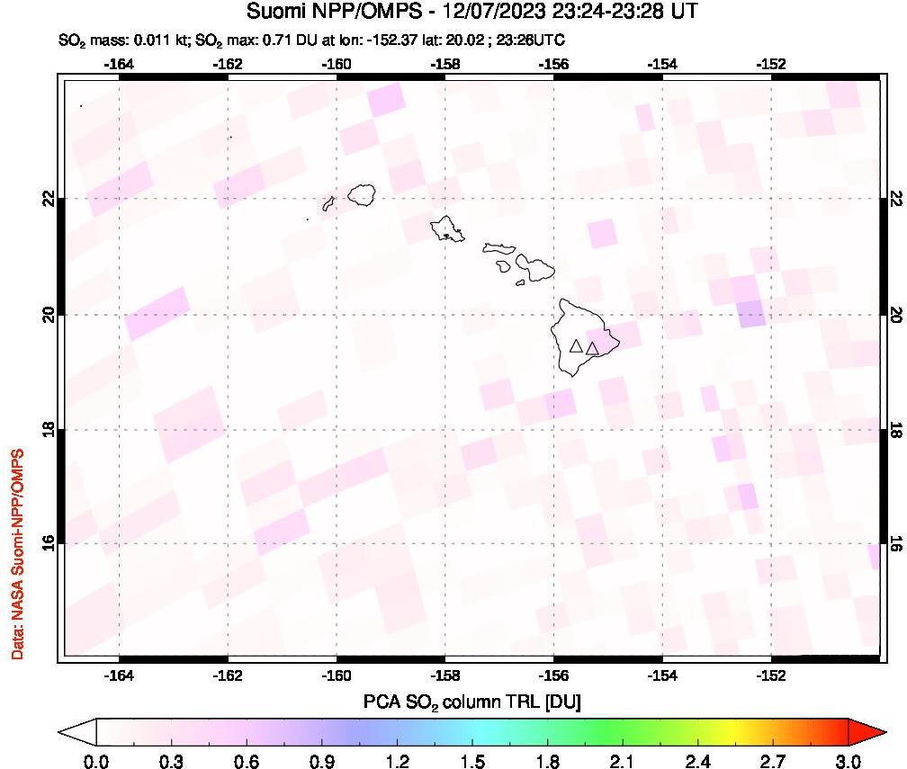 A sulfur dioxide image over Hawaii, USA on Dec 07, 2023.