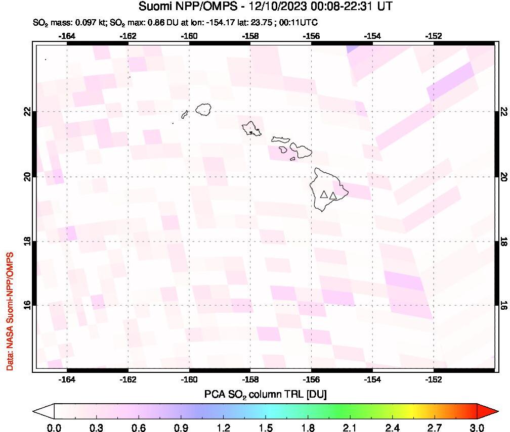 A sulfur dioxide image over Hawaii, USA on Dec 10, 2023.