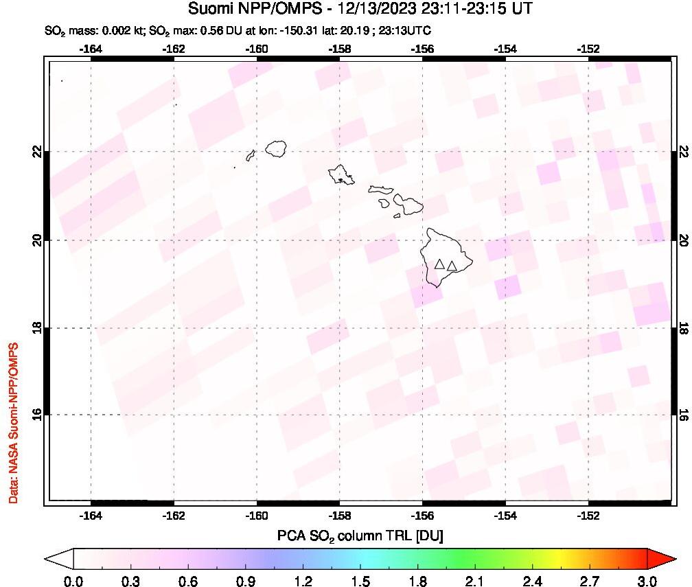 A sulfur dioxide image over Hawaii, USA on Dec 13, 2023.