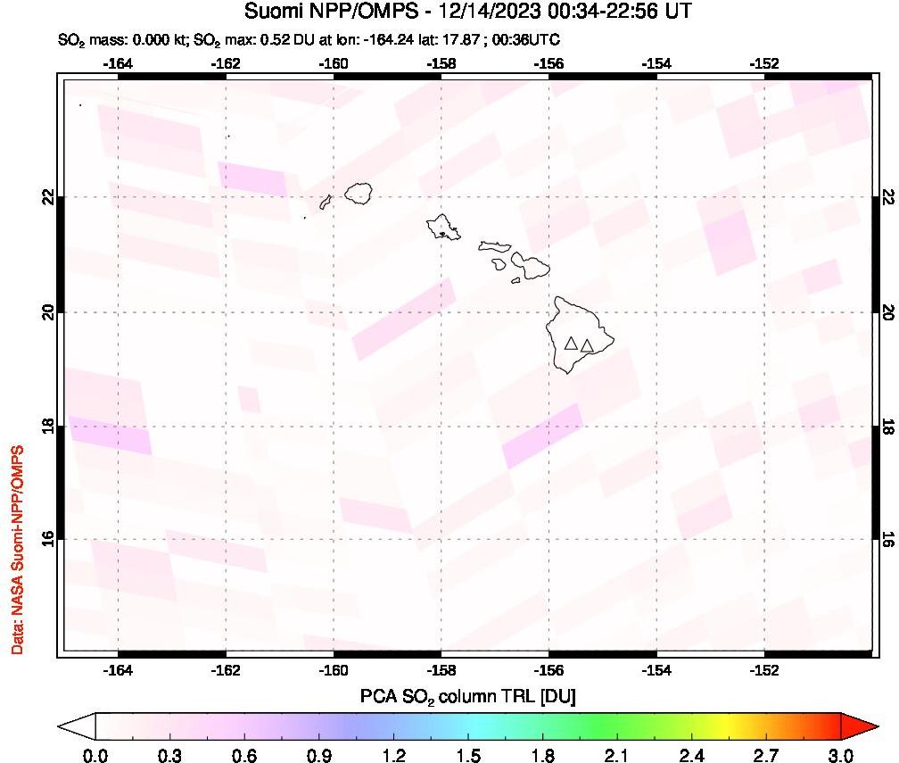 A sulfur dioxide image over Hawaii, USA on Dec 14, 2023.