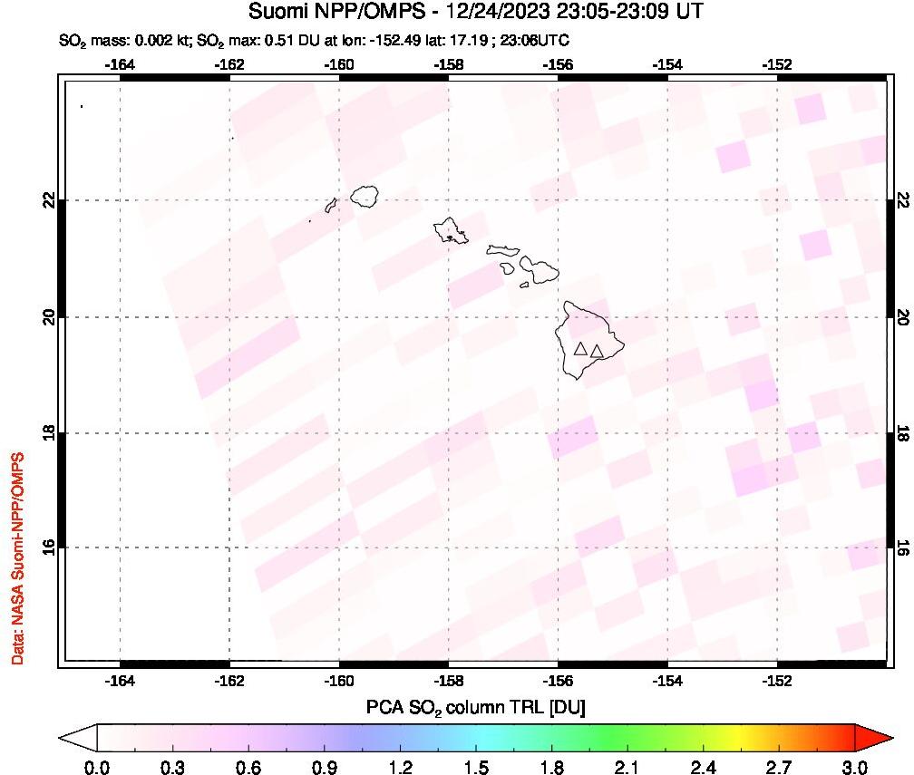 A sulfur dioxide image over Hawaii, USA on Dec 24, 2023.