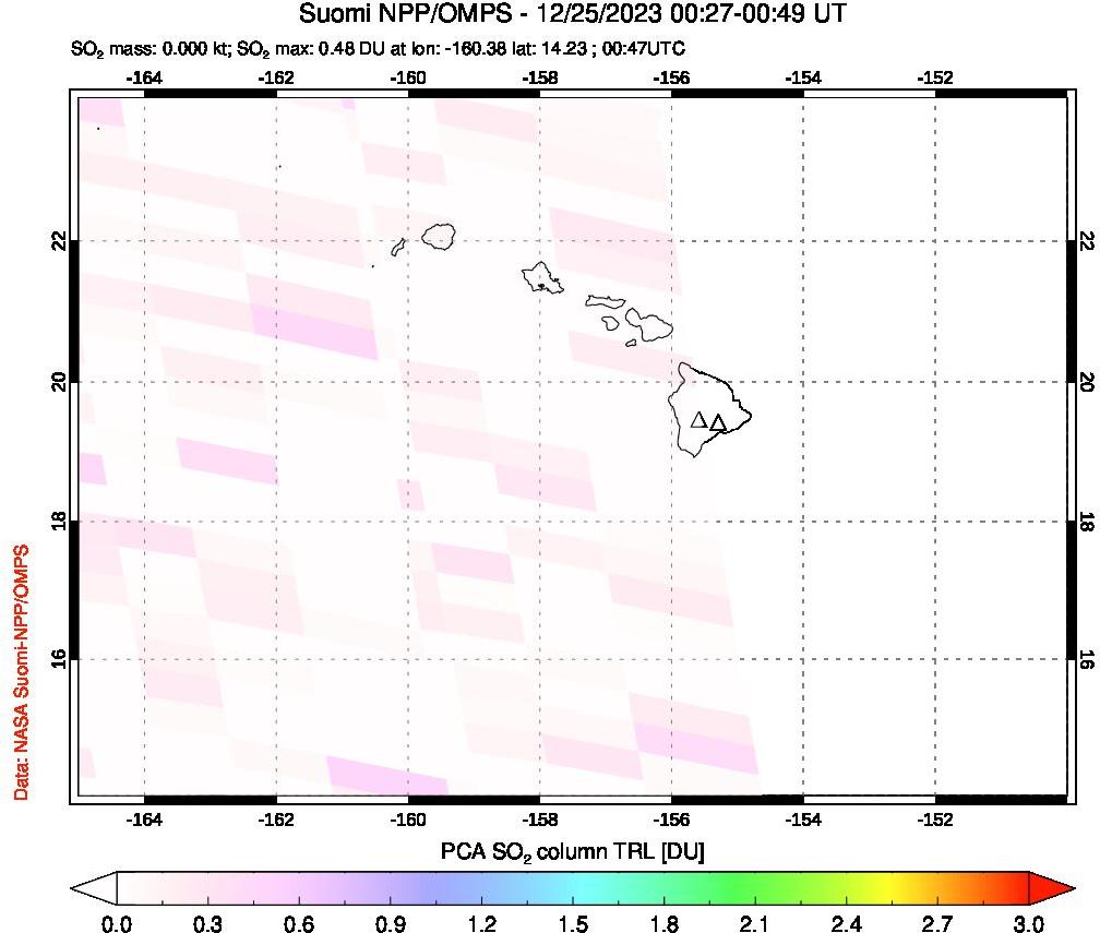 A sulfur dioxide image over Hawaii, USA on Dec 25, 2023.