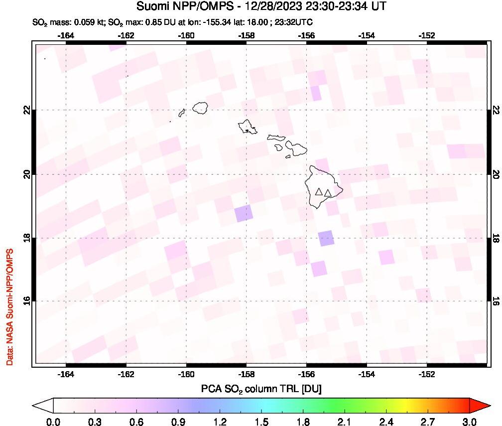 A sulfur dioxide image over Hawaii, USA on Dec 28, 2023.