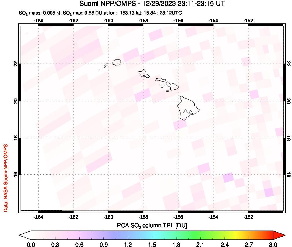 A sulfur dioxide image over Hawaii, USA on Dec 29, 2023.