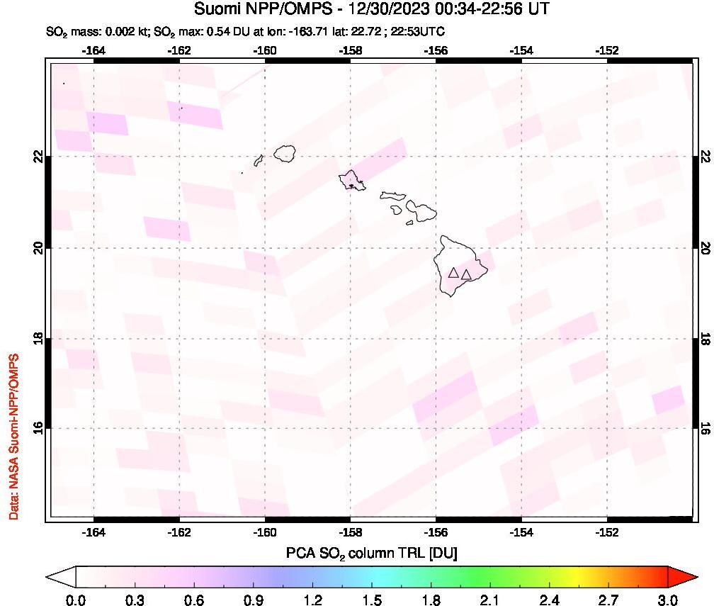 A sulfur dioxide image over Hawaii, USA on Dec 30, 2023.