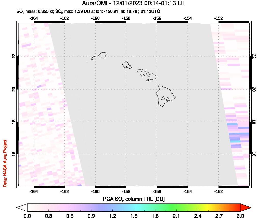 A sulfur dioxide image over Hawaii, USA on Dec 01, 2023.
