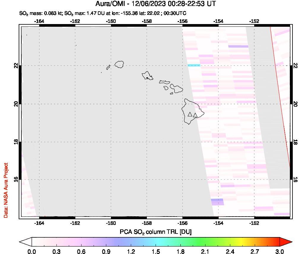 A sulfur dioxide image over Hawaii, USA on Dec 06, 2023.