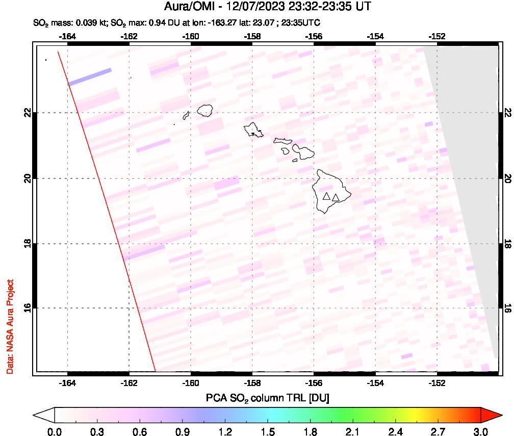 A sulfur dioxide image over Hawaii, USA on Dec 07, 2023.