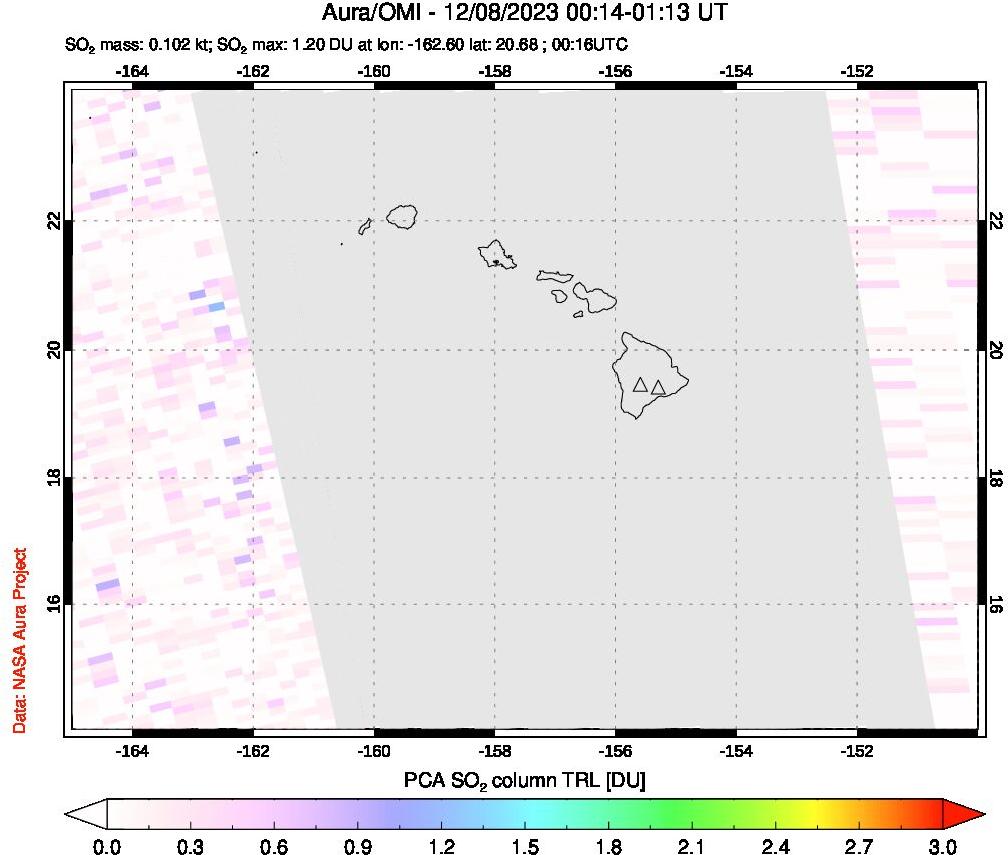 A sulfur dioxide image over Hawaii, USA on Dec 08, 2023.