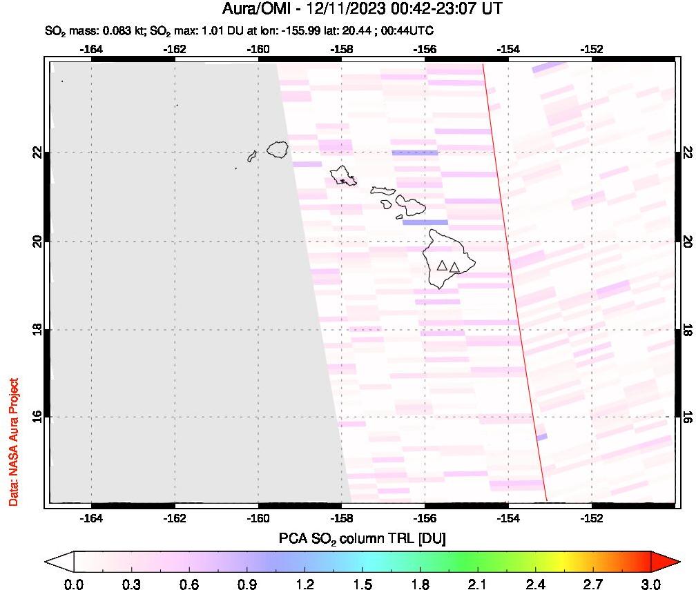 A sulfur dioxide image over Hawaii, USA on Dec 11, 2023.