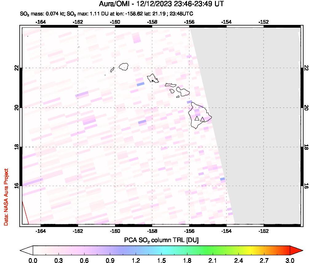 A sulfur dioxide image over Hawaii, USA on Dec 12, 2023.