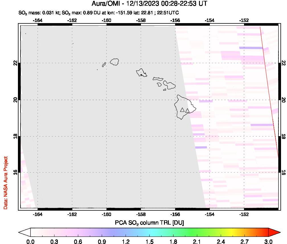 A sulfur dioxide image over Hawaii, USA on Dec 13, 2023.