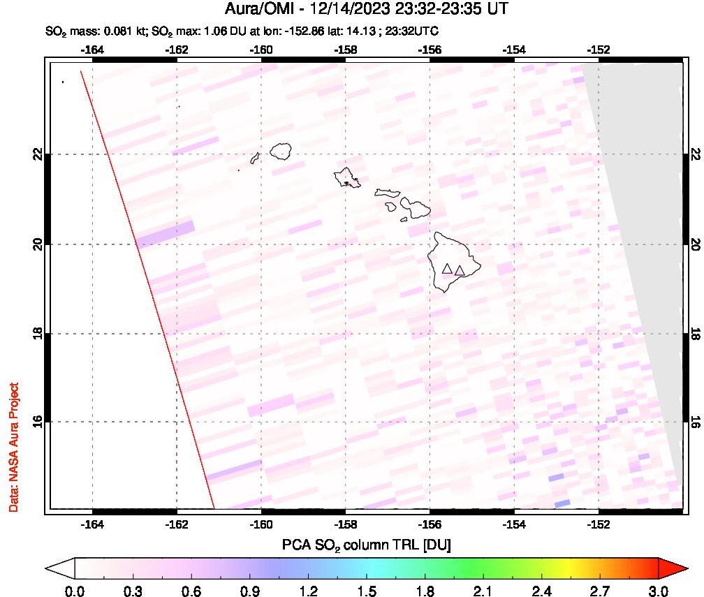 A sulfur dioxide image over Hawaii, USA on Dec 14, 2023.