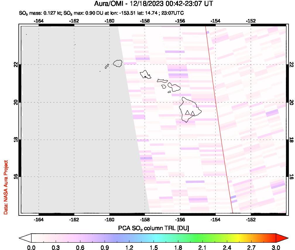 A sulfur dioxide image over Hawaii, USA on Dec 18, 2023.