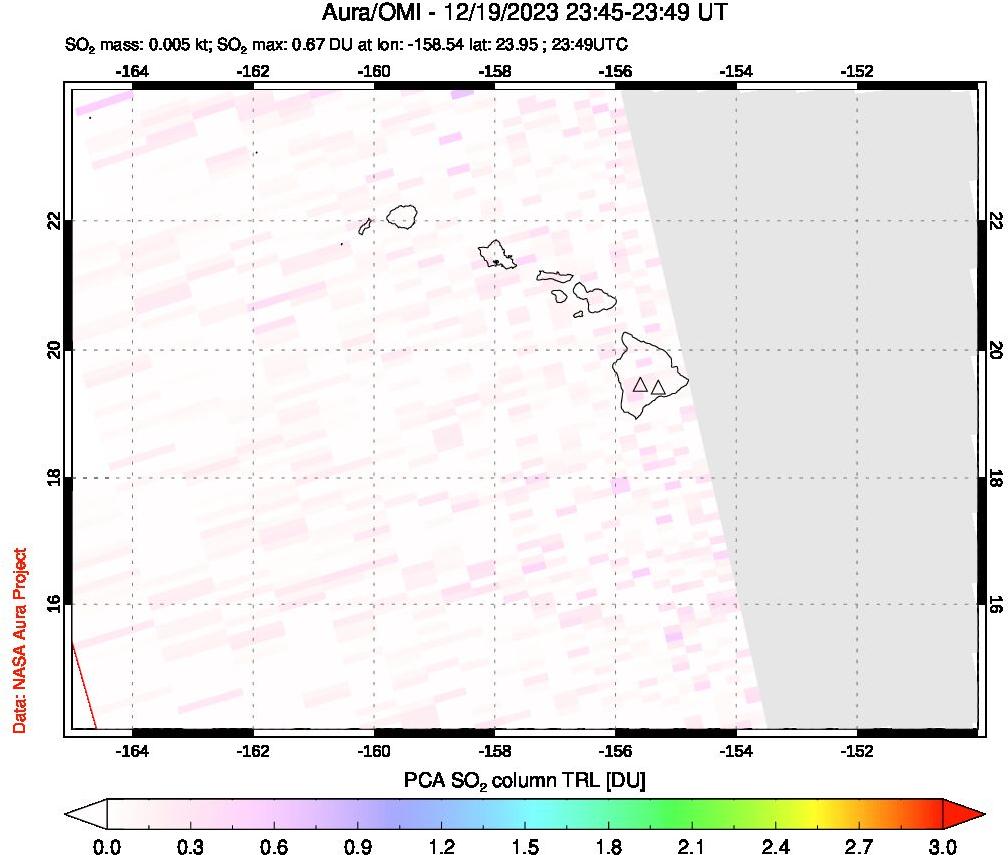 A sulfur dioxide image over Hawaii, USA on Dec 19, 2023.
