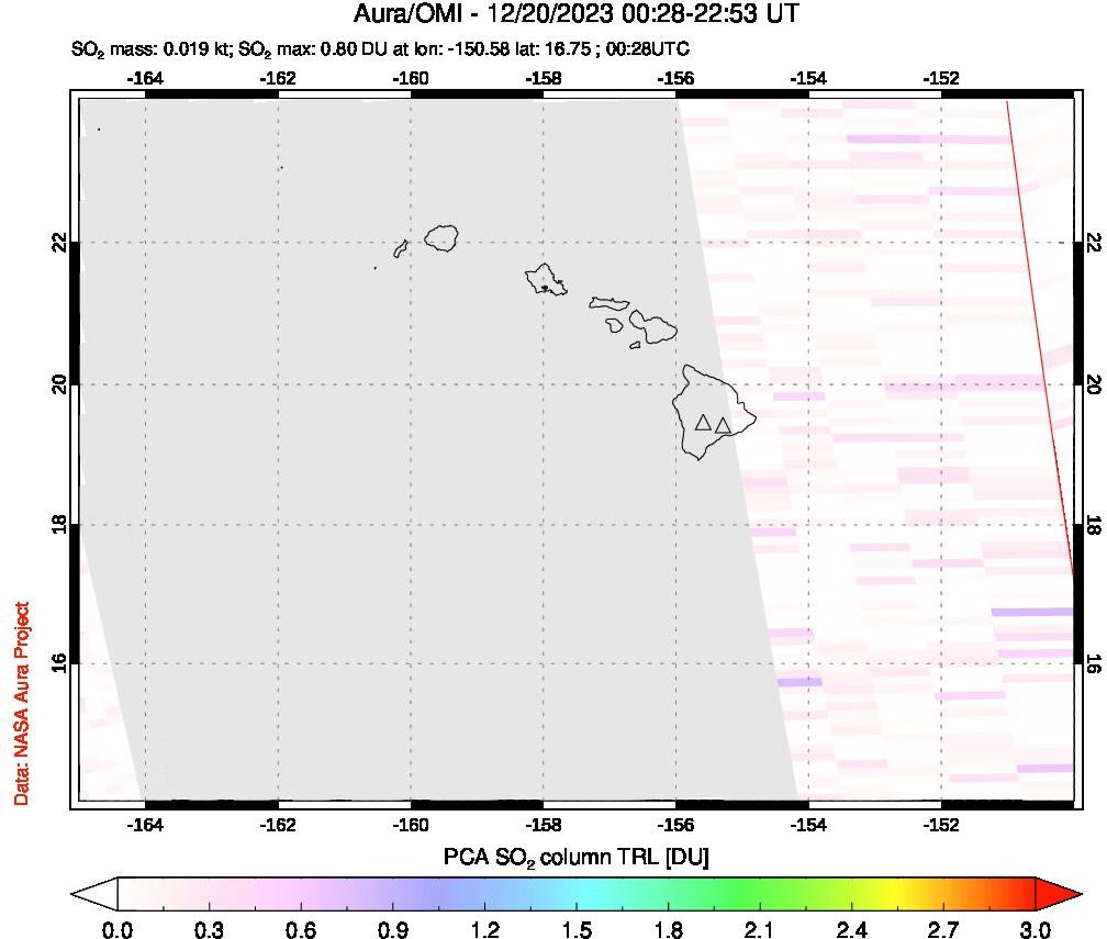 A sulfur dioxide image over Hawaii, USA on Dec 20, 2023.