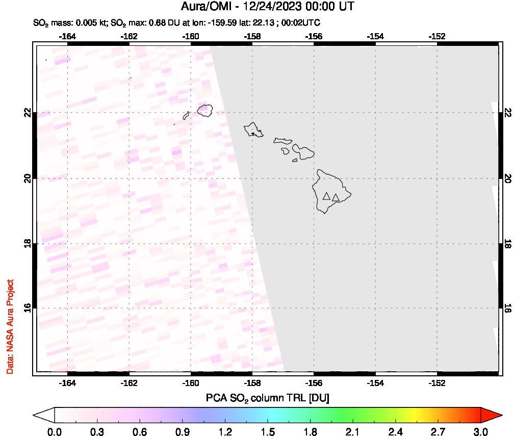A sulfur dioxide image over Hawaii, USA on Dec 24, 2023.