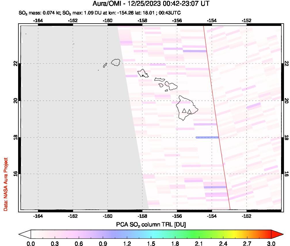 A sulfur dioxide image over Hawaii, USA on Dec 25, 2023.