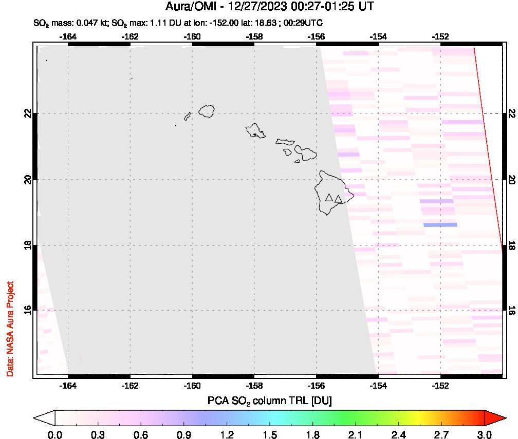 A sulfur dioxide image over Hawaii, USA on Dec 27, 2023.