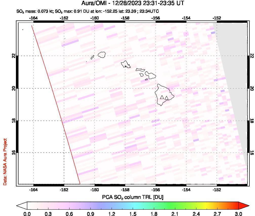 A sulfur dioxide image over Hawaii, USA on Dec 28, 2023.
