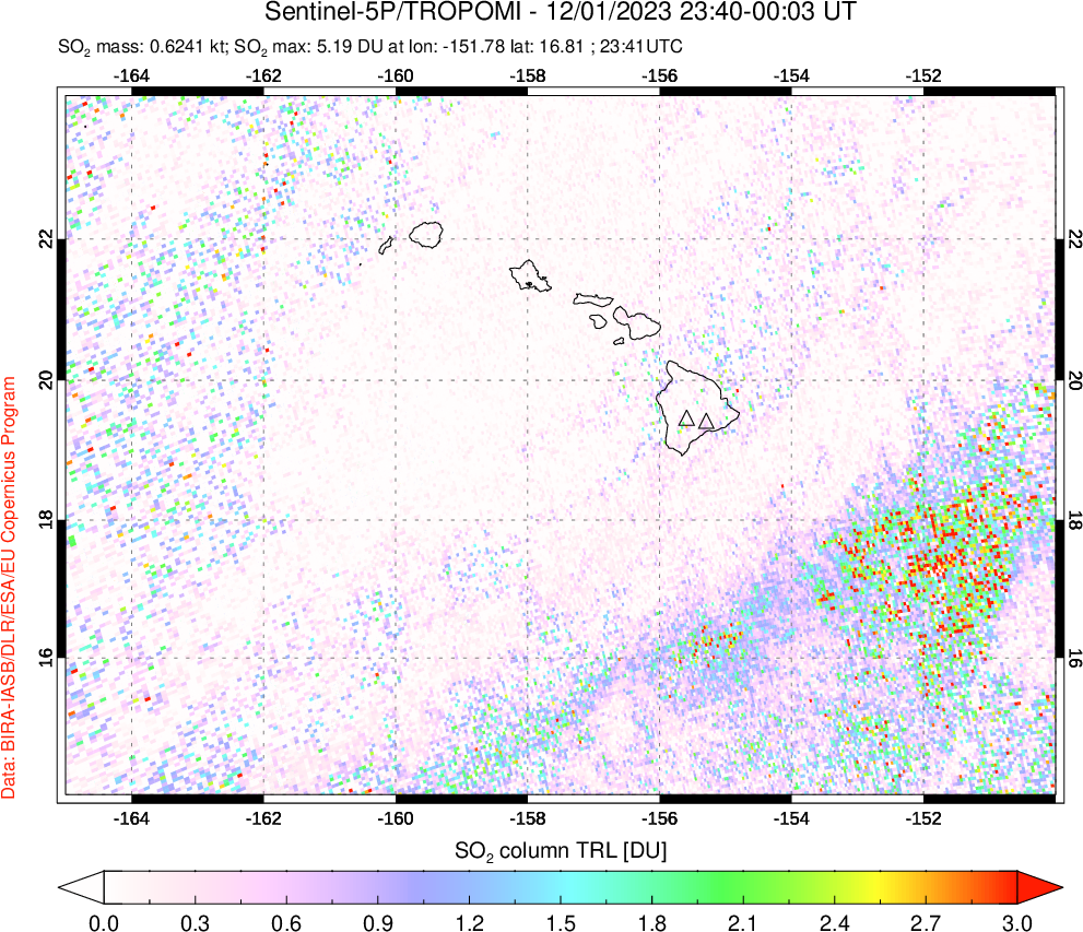 A sulfur dioxide image over Hawaii, USA on Dec 01, 2023.