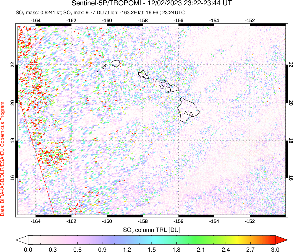 A sulfur dioxide image over Hawaii, USA on Dec 02, 2023.