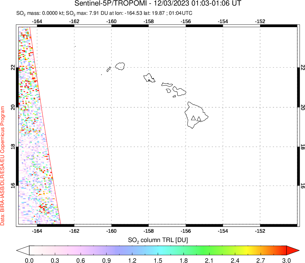 A sulfur dioxide image over Hawaii, USA on Dec 03, 2023.