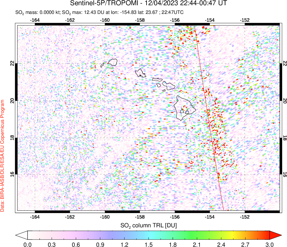 A sulfur dioxide image over Hawaii, USA on Dec 04, 2023.