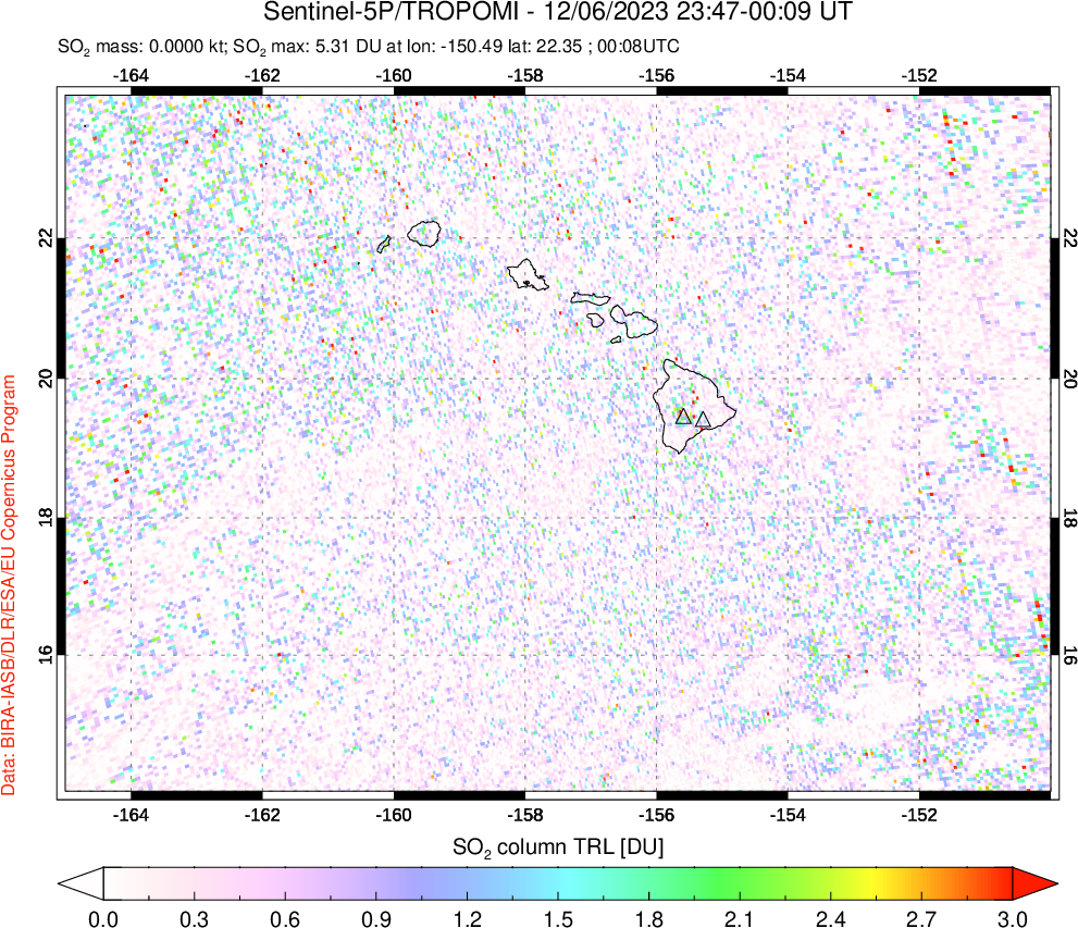 A sulfur dioxide image over Hawaii, USA on Dec 06, 2023.