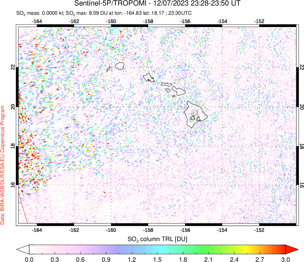 A sulfur dioxide image over Hawaii, USA on Dec 07, 2023.