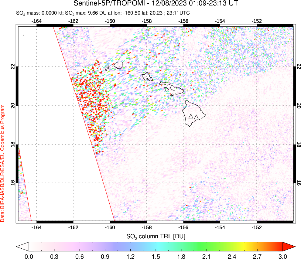 A sulfur dioxide image over Hawaii, USA on Dec 08, 2023.