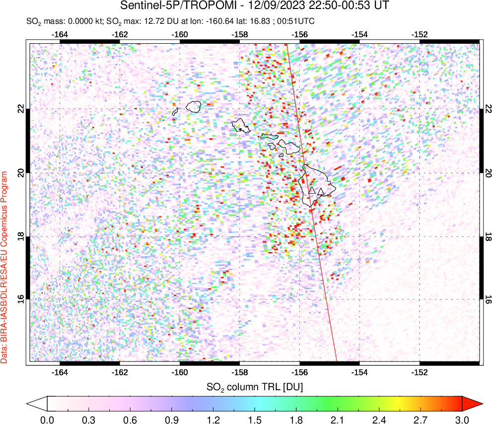 A sulfur dioxide image over Hawaii, USA on Dec 09, 2023.