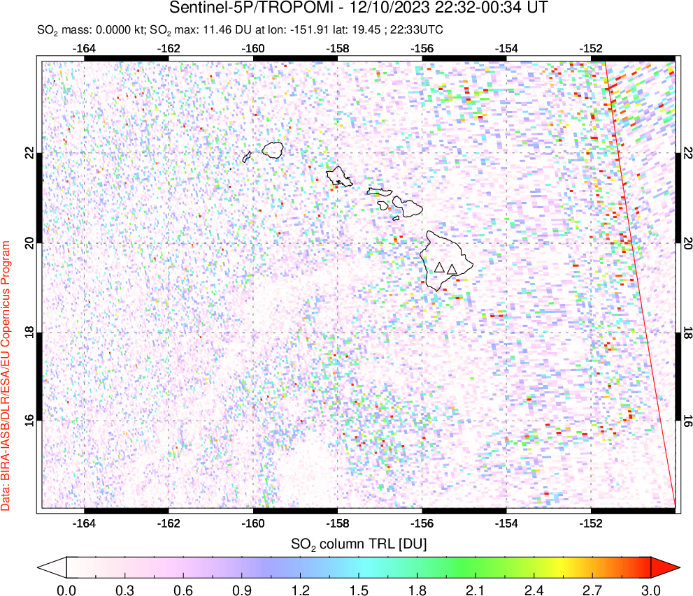 A sulfur dioxide image over Hawaii, USA on Dec 10, 2023.