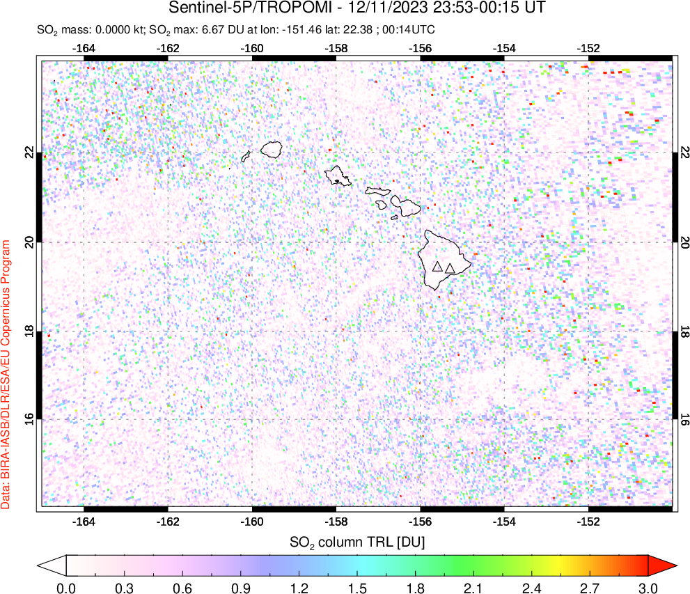 A sulfur dioxide image over Hawaii, USA on Dec 11, 2023.