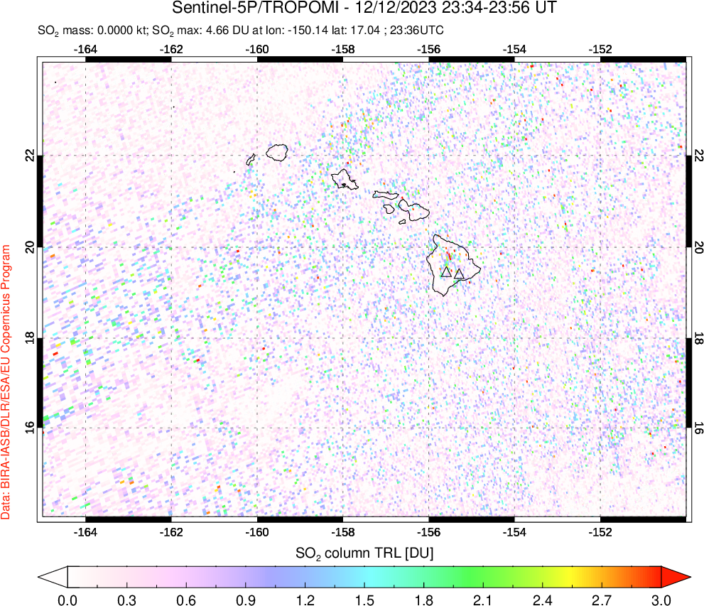 A sulfur dioxide image over Hawaii, USA on Dec 12, 2023.