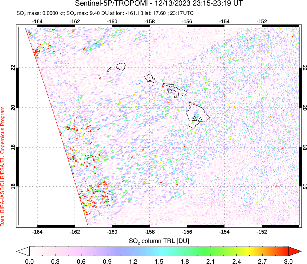 A sulfur dioxide image over Hawaii, USA on Dec 13, 2023.