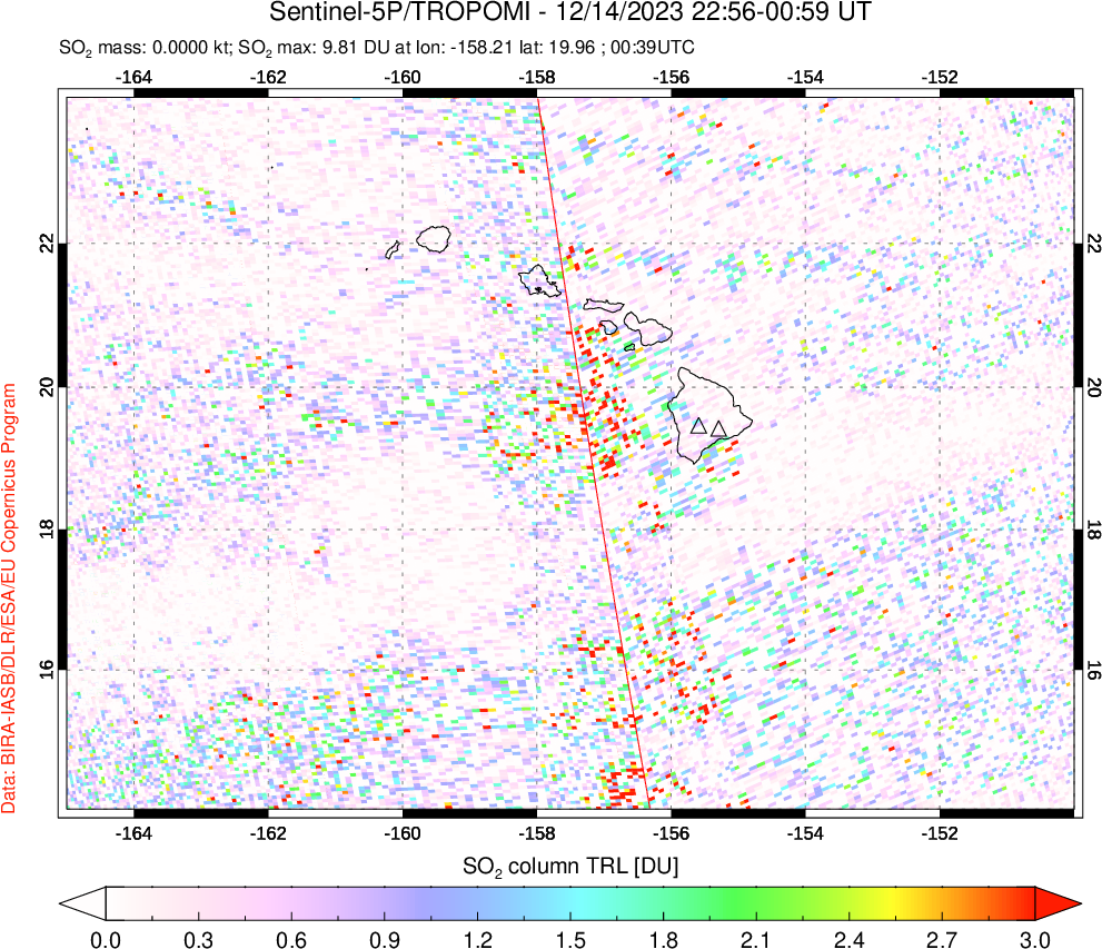 A sulfur dioxide image over Hawaii, USA on Dec 14, 2023.